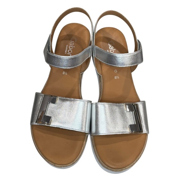 Gabor Shout Platform Wedge Sandals 8.5 Metallic Silver Leather Summer Comfort - Picture 4 of 14